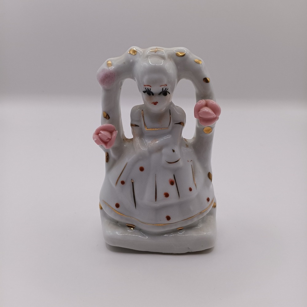 Vintage Porcelain Girl Figurine Pink Roses Gold Gilt Accents Mid Century 4 Inch
